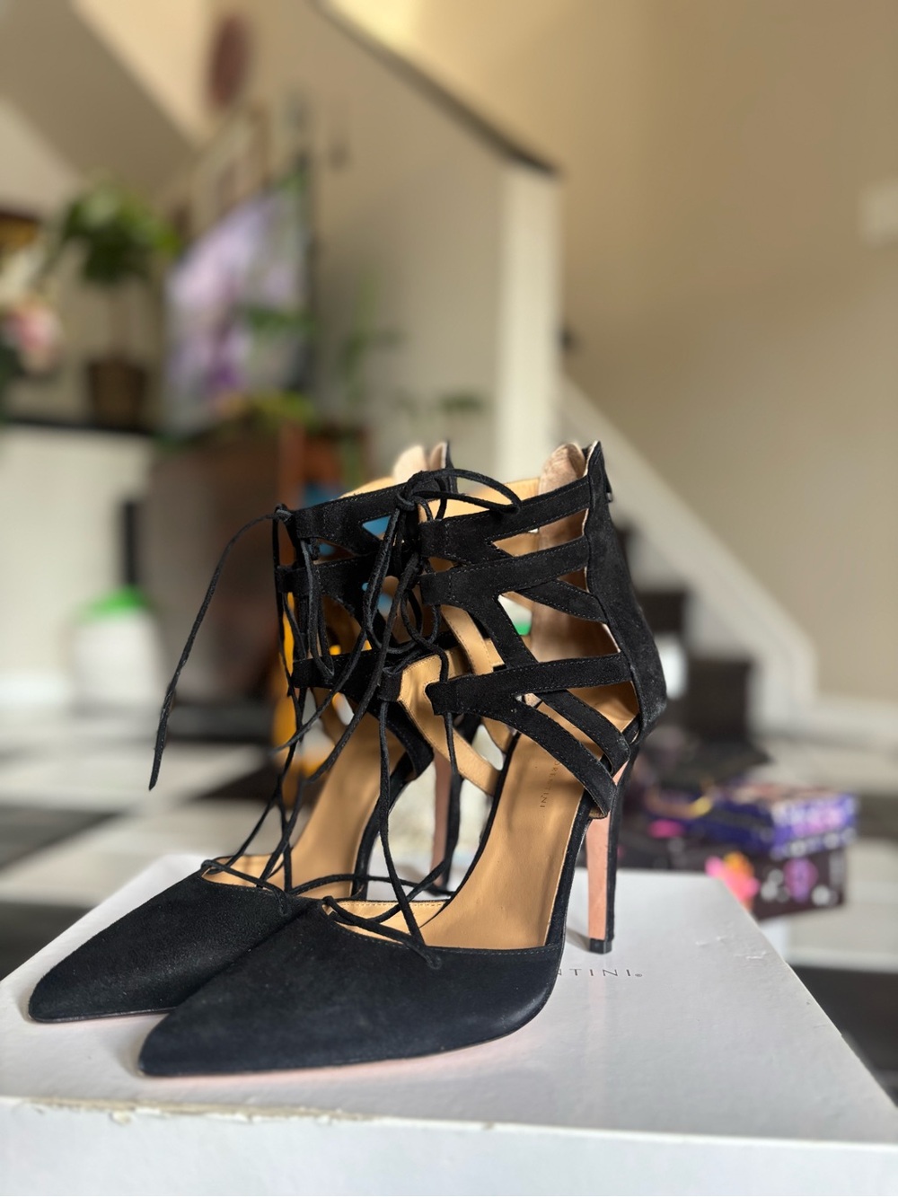 Mercanti Fiorentini Black Lace-Up Pointed Suede Heels